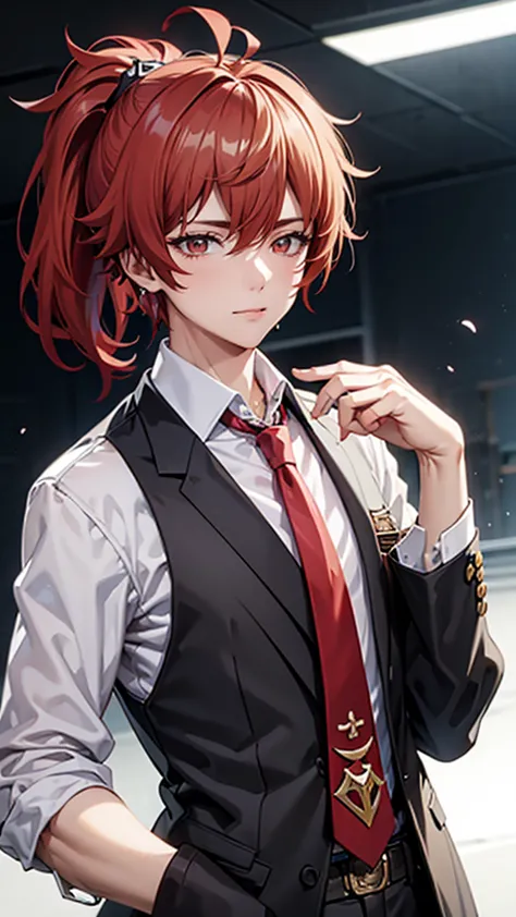 masterpiece, best quality, long time ago (genshin impact), 1 boy, male focus, red hair, [red eyes, long hair, solitary, simple b...