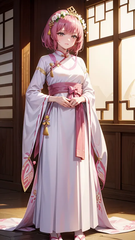 wearing a pink dress、alafi woman wearing a flower crown, color photos inspired by lanying, cg social hotspot, realism, hanfu, pa...