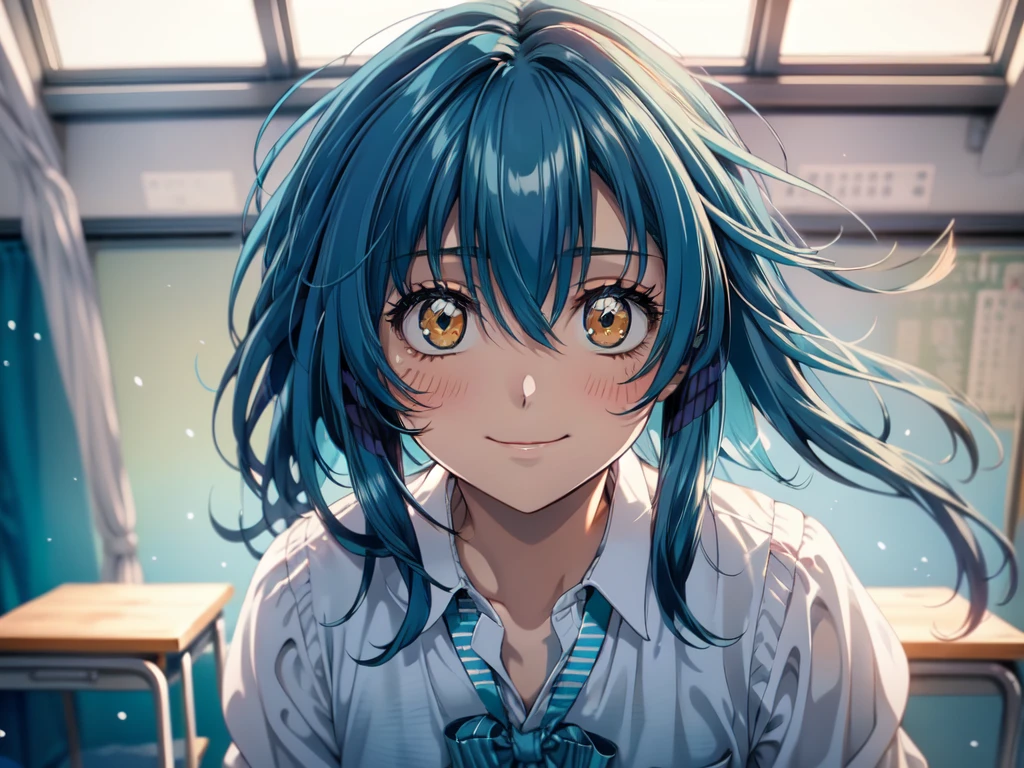 kanamechidori, (masterpiece, Highest quality, beautifully、beautiful:1.3), (teenager), One girl,alone, (Cute Smile:1.2), (Silvery darkturquoise hair with steelblue stripes:1.4), (Gradient darkturquoise hair tip:1.6), hair, Ridiculously long hair, ウェーブのかかったhair, 輝くhair, 浮遊するhair, (Deep Brown eyes), Delicate eyes, Brown eyes, Very beautiful eyes, Long upper eyelashes, Compensate, Focus on the face, Very detailed facial, Pretty face, Perfect breasts, Hot body, (Delicate skin texture:1.2), white, white, red ribbon tie, Deep pleated teal skirt, School classroom, morning, Standing, Very detailed,Browsing Caution,