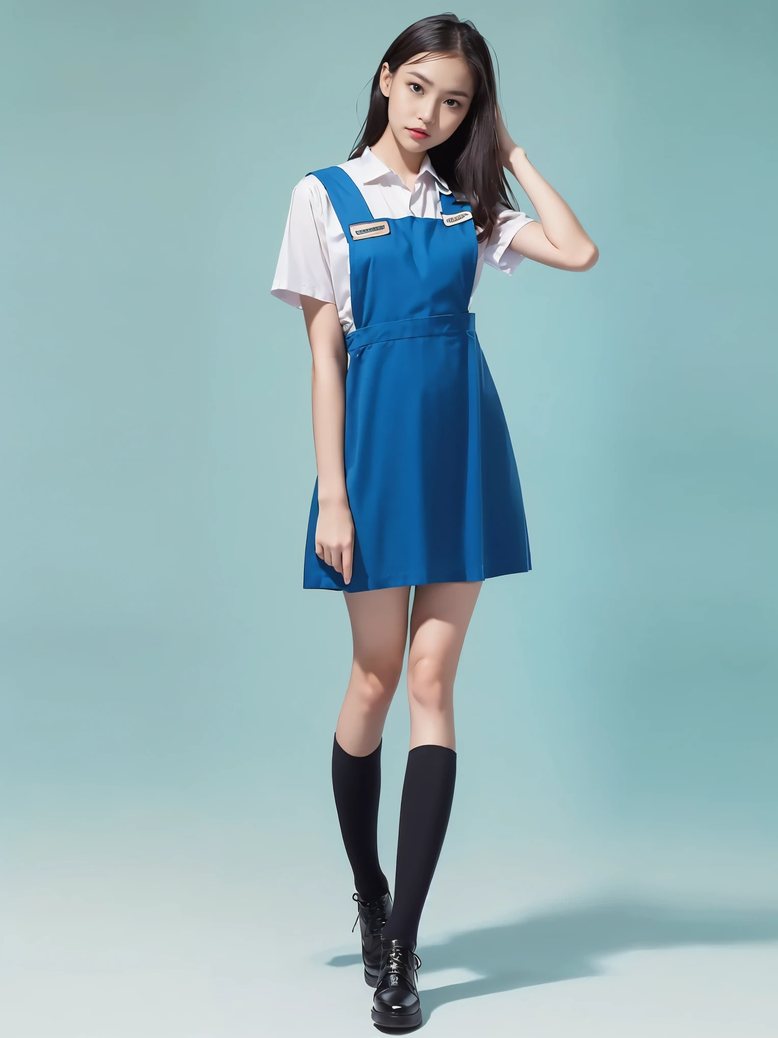 1girl with cute face and black hair, model posing, standing, wearing white shirt, pinafore length over knee, (blue uniform:1.2), wearing black shoes, white background, morning, full body, (masterpiece, top quality, best quality, official art, beautiful and aesthetic:1.2)