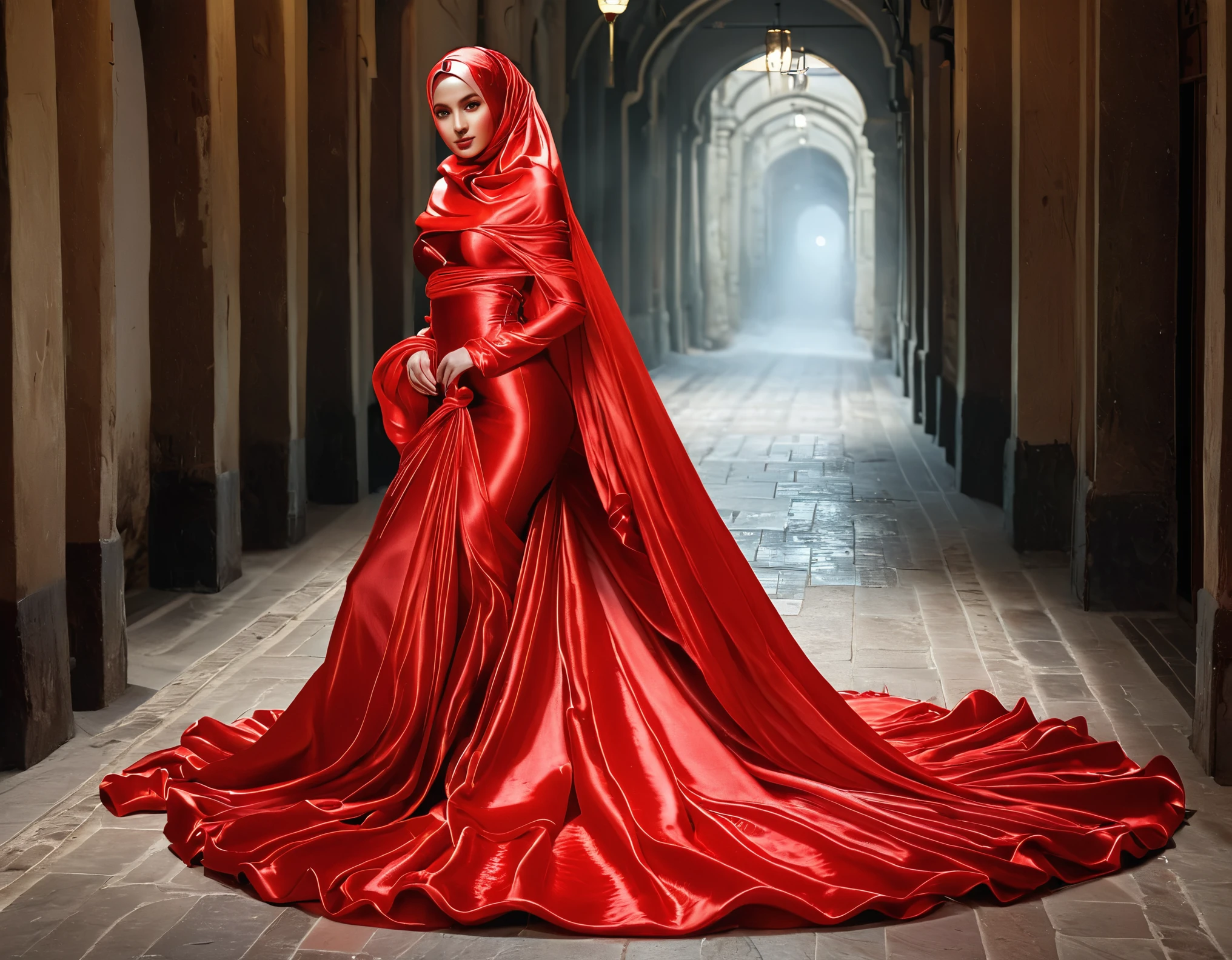 A woman shrouded in a 10-meter-long, plush red semi transparent satin shimmer cloth, tightly bound and grandly draping along the form of her body, poof style on the bottom outfit, flowing off into a pooled floor-length train, styled in a mermaid-inspired outfit, her head modestly veiled in a satin hijab, tall woman, walking in traditional vilage road, a full-body pose conveying a sense of mysterious elegance, captured in a 4k resolution, ultra-realistic