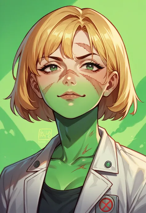 anime biologist girl, radiation expert, radiation scars on face, short hair, ominous and agressive smug, blonde hair, green goo ...