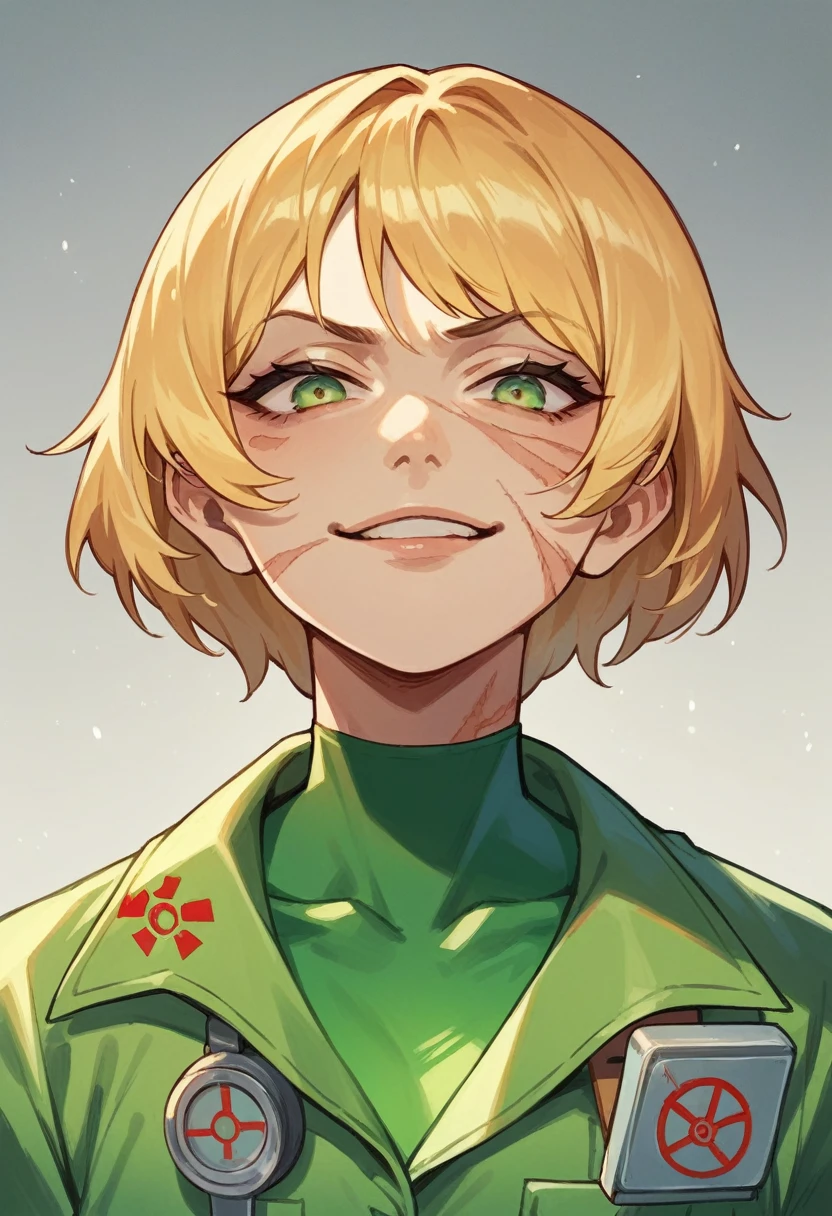 Anime biologist girl, radiation expert, radiation scars on face, short hair, ominous and agressive smug, blonde hair, green goo consuming monster, scientist