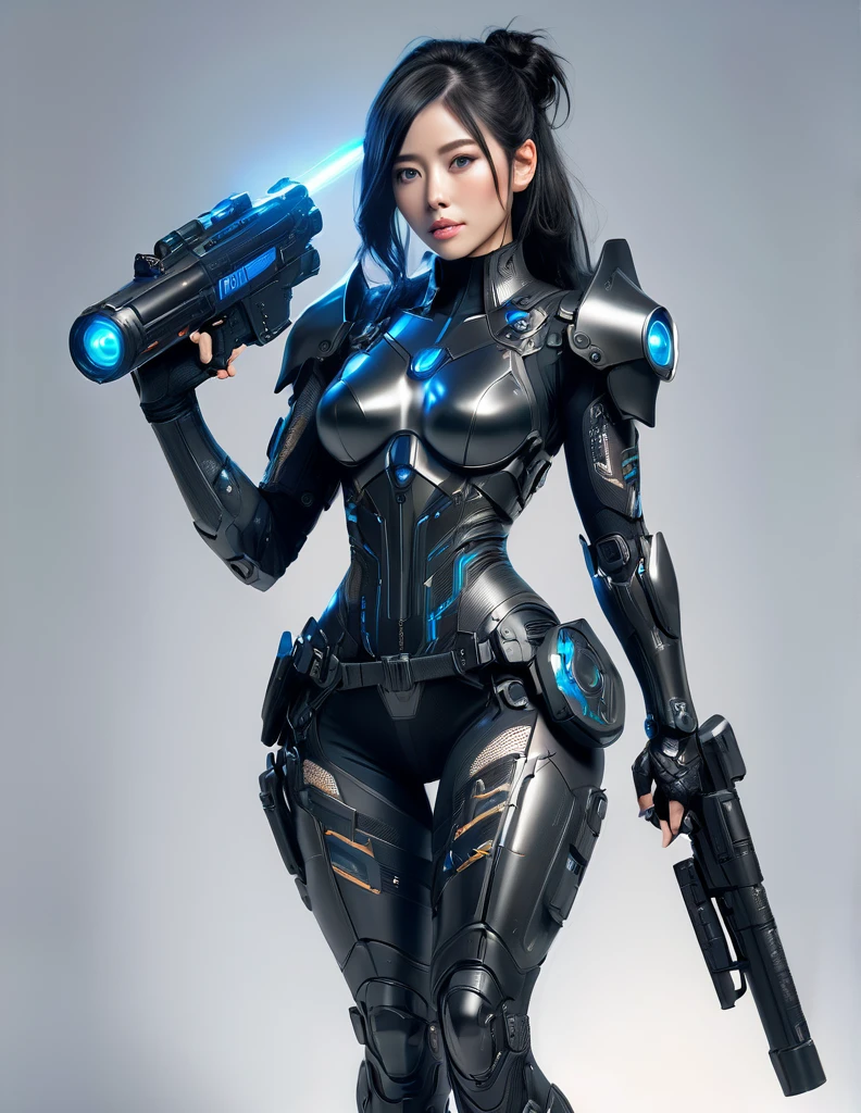 Female police officer wearing exoskeleton cyber armor, The armor is tight fitting and he holds a plasma gun in his hand., Whole-body view, Maximum details, Great quality with detailed drawings, 8k,chest, blue eyes, blue eyes, Look at, Look at, High resolution, Ultra high definition, Highest quality, Shortcuts, Black Hair, 大きなchest, Cinematic light effects, Futuristic, 