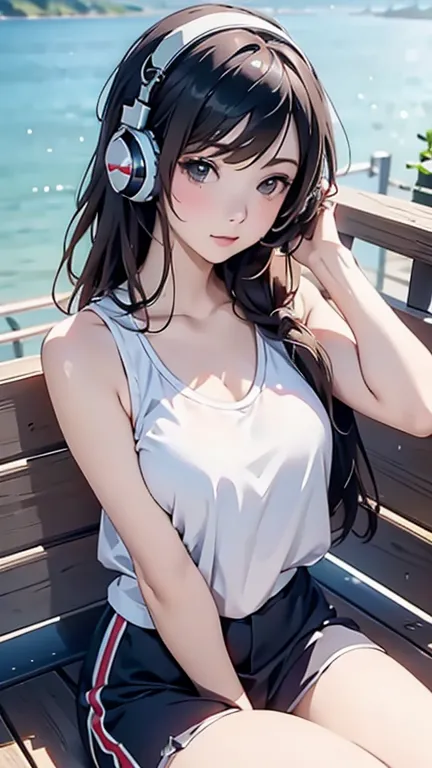 sexy girl tanktop, beautiful, sitting and listening to music、wearing headphones, lakeview background, view by viewer