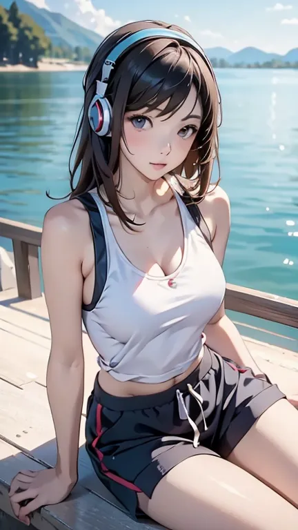 sexy girl tanktop, beautiful, sitting and listening to music、wearing headphones, lakeview background, view by viewer