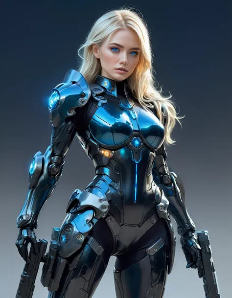 female police officer wearing exoskeleton cyber armor, the armor is tight fitting and he holds a plasma gun in his hand., whole-...