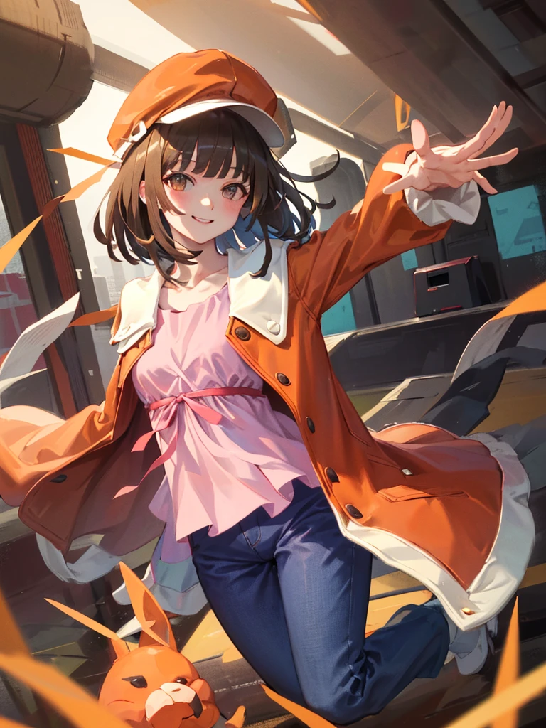 masterpiece, best quality, highres, aanadeko, short hair, brown hair, cabbie hat, orange headwear, blunt bangs, brown eyes, jacket on shoulders, orange jacket, pink shirt, ribbon, blue pants, waving, field, smile,