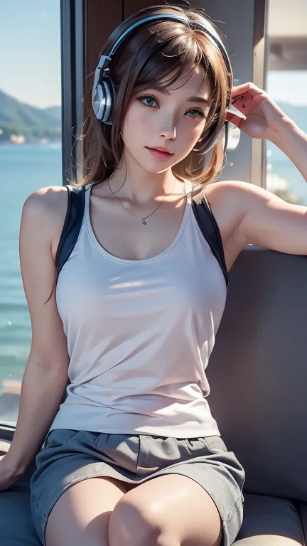 a beautiful girl wearing a tank top, sitting and listening to music, wearing headphones, with a lakeview background, viewed from...