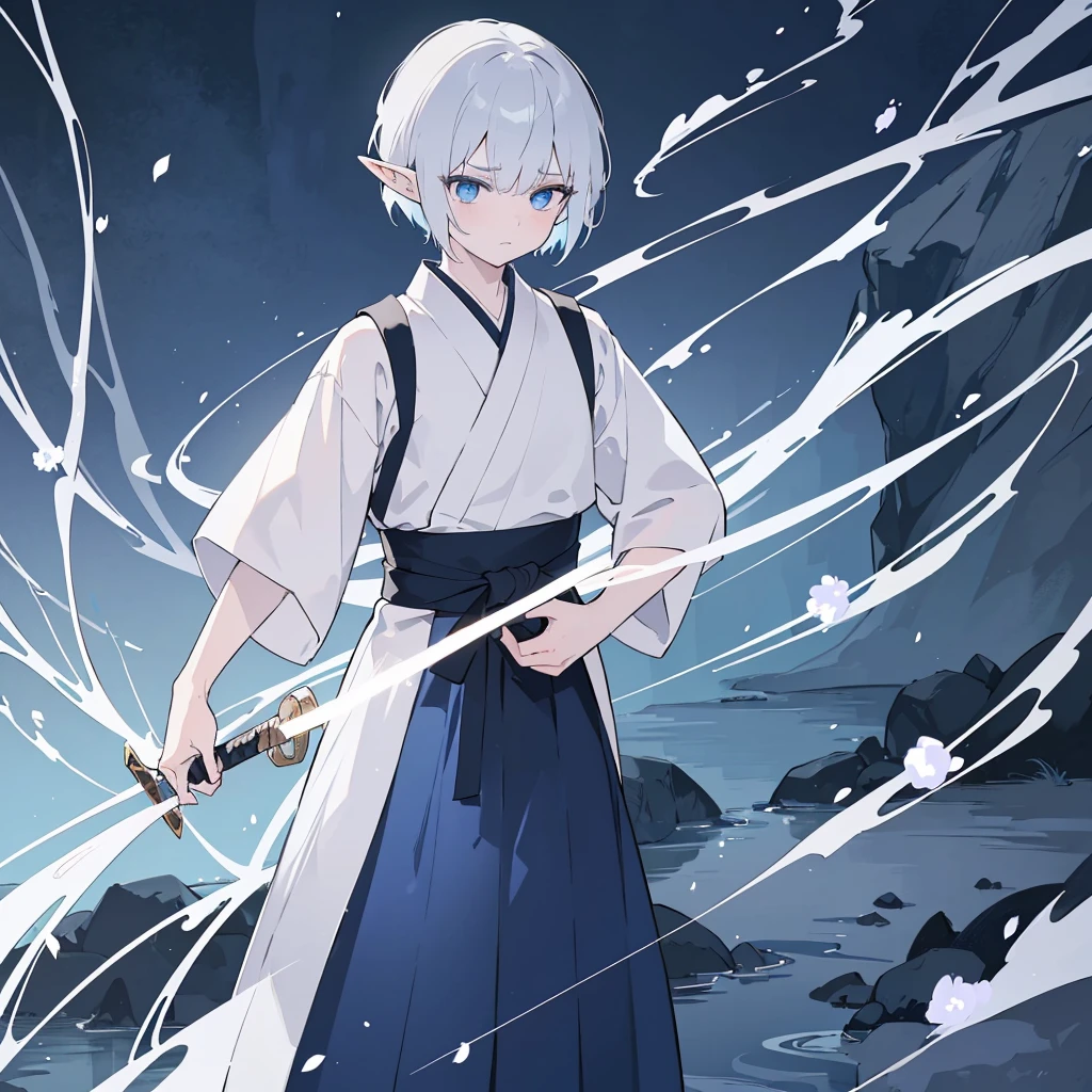 8k detailed anime elf boy, intense navy blue eyes, light silver short hair, wearing hakama, traditional japanese landscape, carrying wakizashi sword, sad expression, (best quality,4k,8k,highres,masterpiece:1.2),ultra-detailed,dramatic lighting,intricate details,vibrant colors,cinematic composition