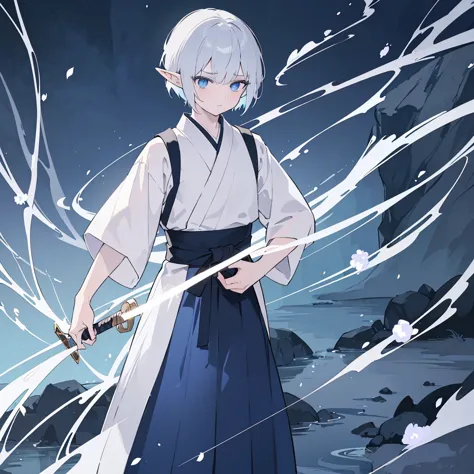 8k detailed anime elf boy, intense navy blue eyes, light silver short hair, wearing hakama, traditional japanese landscape, carr...