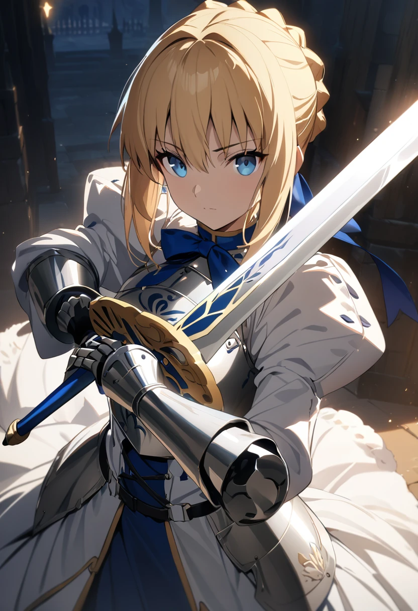 (masterpiece:1.2), (highest quality:1.2), Perfect Eyes, Perfect Face, Perfect lighting,1girl，Saber, holding sword artoria pendragon \(fate\), fate \(series\) perspective medieval beautiful, aesthetic, detailed, beautiful color amazing quality, best quality, high quality