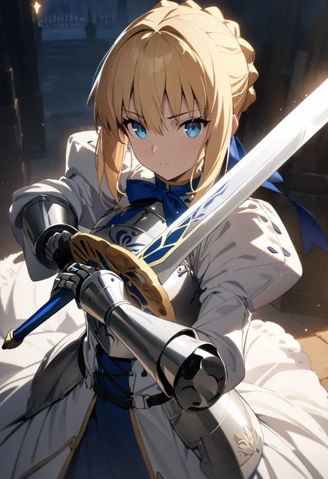 (masterpiece:1.2), (highest quality:1.2), perfect eyes, perfect face, perfect lighting,1girl，saber, holding sword artoria pendra...