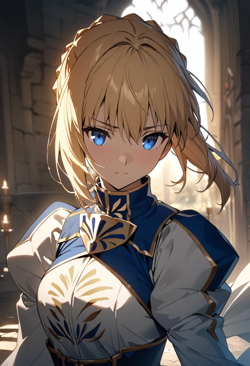 (masterpiece:1.2), (highest quality:1.2), Perfect Eyes, Perfect Face, Perfect lighting,1girl，Saber, holding sword artoria pendragon \(fate\), fate \(series\) perspective medieval beautiful, aesthetic, detailed, beautiful color amazing quality, best quality, high quality