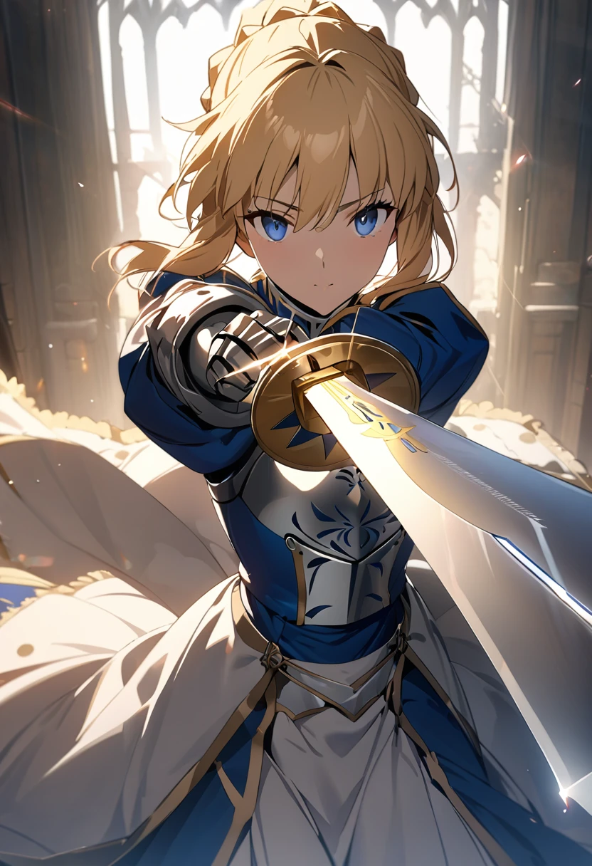 (masterpiece:1.2), (highest quality:1.2), Perfect Eyes, Perfect Face, Perfect lighting,1girl，Saber, holding sword artoria pendragon \(fate\), fate \(series\) perspective medieval beautiful, aesthetic, detailed, beautiful color amazing quality, best quality, high quality