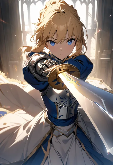 (masterpiece:1.2), (highest quality:1.2), perfect eyes, perfect face, perfect lighting,1girl，saber, holding sword artoria pendra...