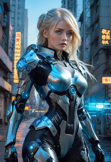 a female police officer wearing exoskeleton cyber armor, the armor fits snugly、she has a plasma gun in her hand., full body view...