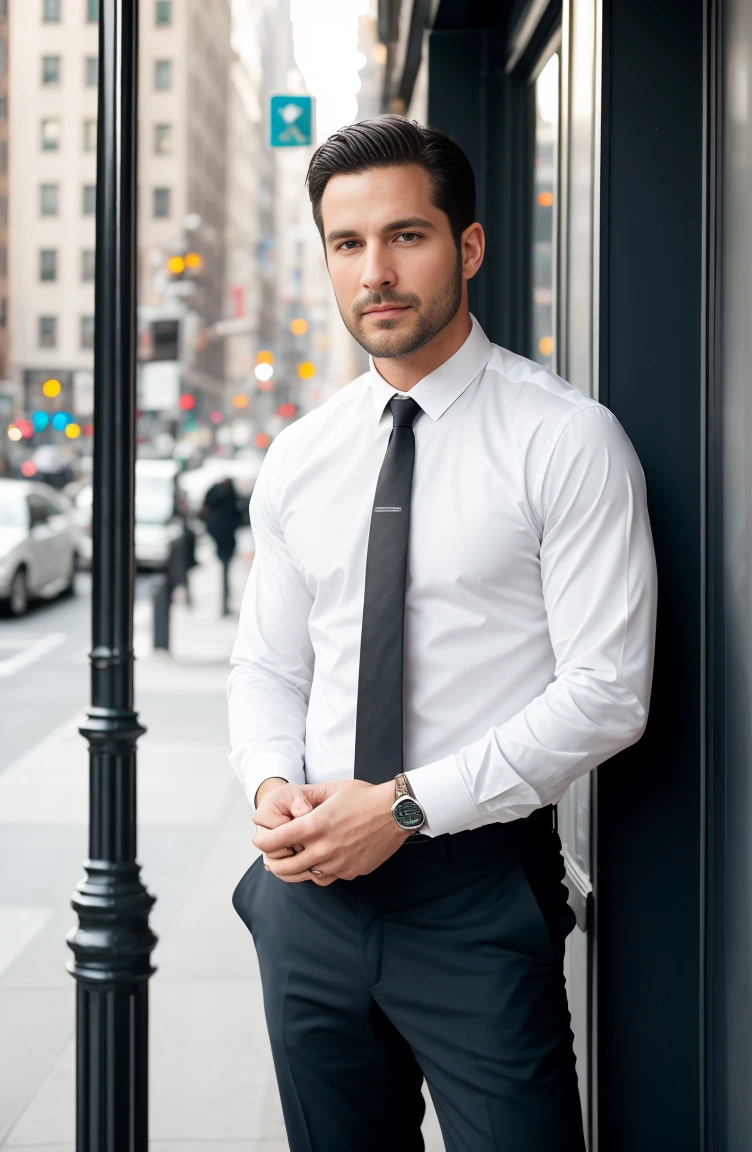 1man muscular male wear a fitted long-sleeve white shirt and tie, red long cape, 30 years old，small beard, Sexy and charming expression，gloomy eyes，Blue eyes, drinking coffee outside bodega, new york city，soft light, masterpiece, best quality, 8k ultra high definition, SLR camera, film grain, Fujifilm XT3 photorealistic art by midjourney and greg rutkowski