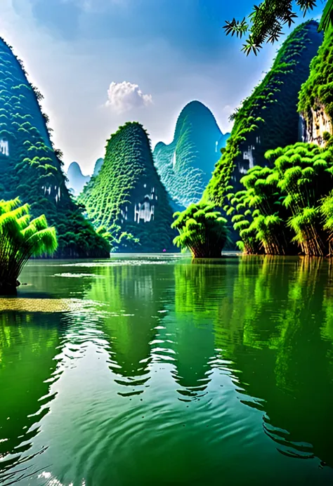 li river，guilin，karst mountains。green river，bamboo forest，river bank，blue sky，