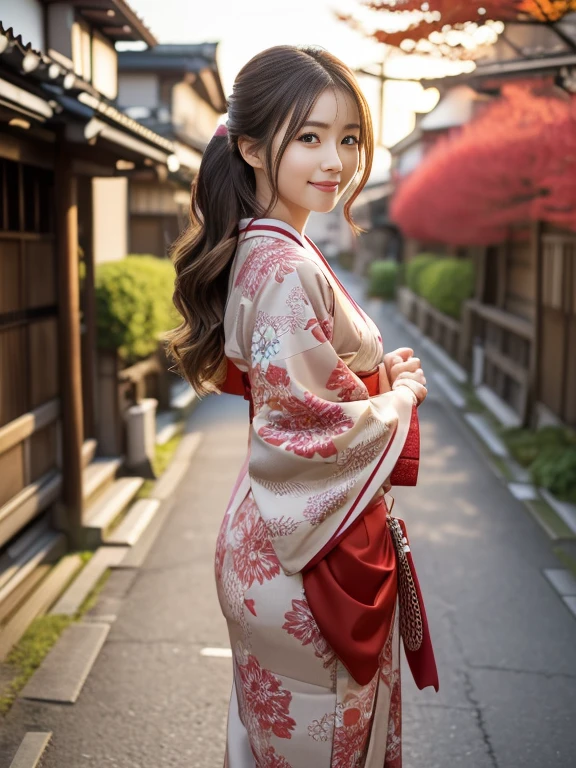 Cowboy Shot, View your viewers, (Early autumn date), (8k, RAW Photos, Highest quality, masterpiece:1.2), (Realistic, Photorealistic:1.4), ((Autumn kimono with Japanese style patterns)), Teenage Japanese Woman, (One Woman:1.2), She is very beautiful, Glowing Skin, Cute and symmetrical face, Perfect Face, Glowing Skin, Light Brown Hair, Medium Hair, Wavy Hair, Put your hair up, Makeup, Beautiful Hair, Beautiful Face, Beautiful attention to detail, Beautiful body, Beautiful fingers, (Kyoto cityscape), Standing, Arms crossed, (キュートなsmile), Very detailed, Shallow depth of field, Perfect Anatomy, Perfect legs, Perfect hands, Perfect Eyes, Perfect body, smile, double eyelids, (Natural Side Lighting, Cinema Lighting),