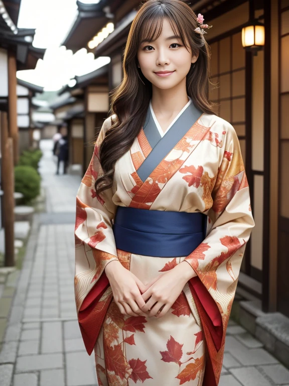 Cowboy Shot, View your viewers, (Early autumn date), (8k, RAW Photos, Highest quality, masterpiece:1.2), (Realistic, Photorealistic:1.4), ((Autumn kimono with Japanese style patterns)), Teenage Japanese Woman, (One Woman:1.2), She is very beautiful, Glowing Skin, Cute and symmetrical face, Perfect Face, Glowing Skin, Light Brown Hair, Medium Hair, Wavy Hair, Put your hair up, Makeup, Beautiful Hair, Beautiful Face, Beautiful attention to detail, Beautiful body, Beautiful fingers, (Kyoto cityscape), Standing, Arms crossed, (キュートなsmile), Very detailed, Shallow depth of field, Perfect Anatomy, Perfect legs, Perfect hands, Perfect Eyes, Perfect body, smile, double eyelids, (Natural Side Lighting, Cinema Lighting),