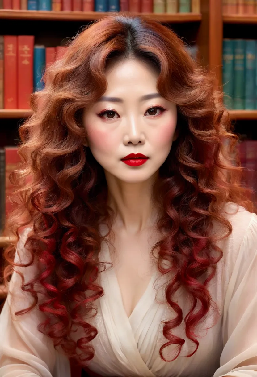 a mature japanese woman with bright brown long curly hair, beautiful makeup, and bright red lipstick. she is sitting in a librar...