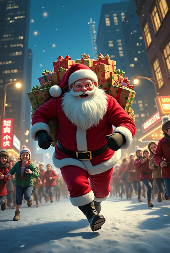 santa claus running with lots of gift among the crowd and the crowd of people running behind and chasing him for gift in a city at midnight