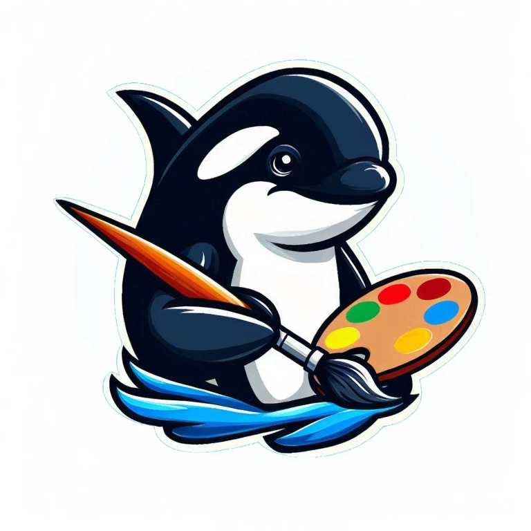 Create a logo of an orca with a paint brush with paint at the brush, holding a color palette in his fin