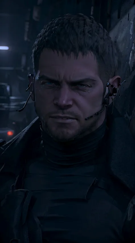 Dark gothic village in the background, old Chris Redfield from Resident Evil 8, 4, muscular male, tall and hunk, black cold turtleneck, straps, earpiece, beard, handsome face, deadpan, video games style, high resolution:1.2, best quality, masterpiece, dark nightime, dark atmosphere, volumetric lighting, shadow, potrait, face close up, lôking at viewer