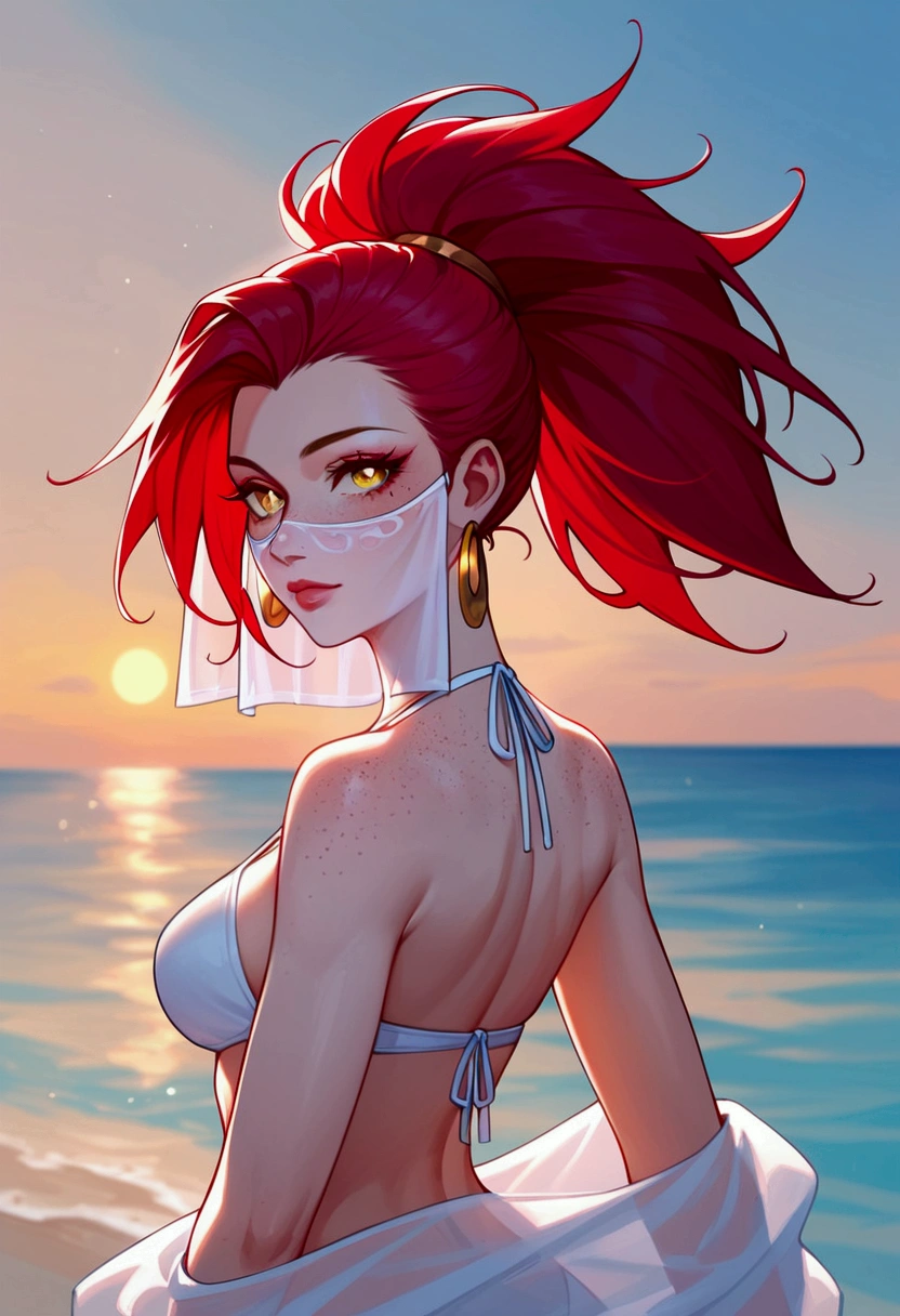 score_9, score_8_up, score_7_up, Akali (League of Legends), 1 girl, yellow eyes, red hair, freckles, sexy, full body, white bikini with translucent veil at the waist, squinting eyes, earrings, long eyelashes, sexy, big bust, beautiful face, on the beach, standing in the sea, with her back turned, reddish sunset with violet tones