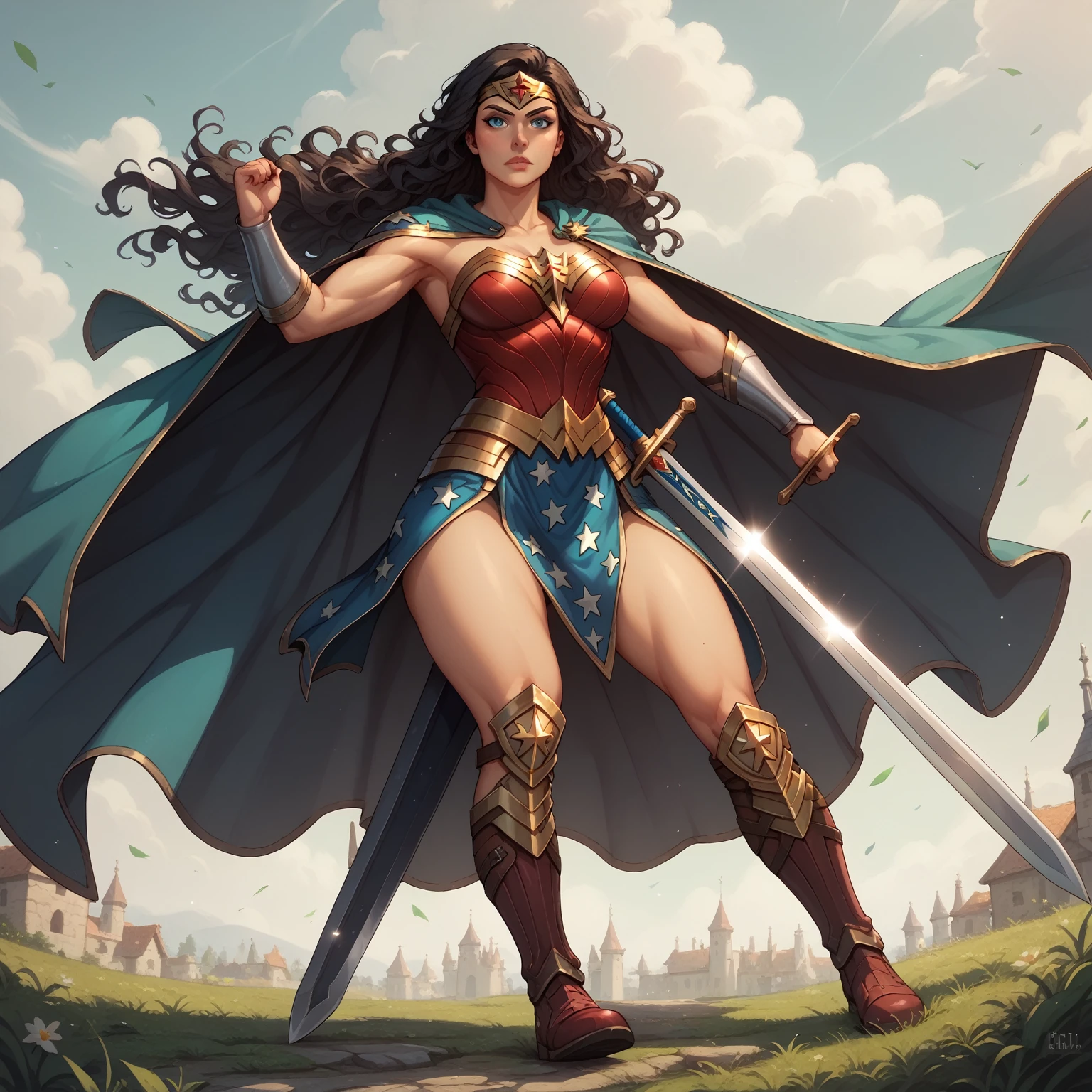 Wonder woman a warrior paladin with paladin clothes different from her usual clothes, voluptuous body, medieval, isekai, long wavy hair, split hair style, Full armor with cape, High combat boots, sword