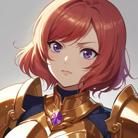 nishikino maki, purple eyes, red short hair (shinny golden armor:1.2) golden armor, llchar, upper body, solo, face close up, big...