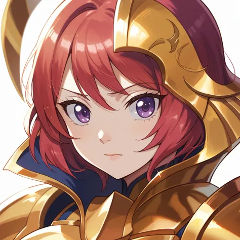 nishikino maki, purple eyes, red short hair (shinny golden armor:1.2) golden armor, llchar, upper body, solo, face close up, big...