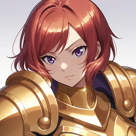 nishikino maki, purple eyes, red short hair (shinny golden armor:1.2) golden armor, llchar, upper body, solo, face close up, big...