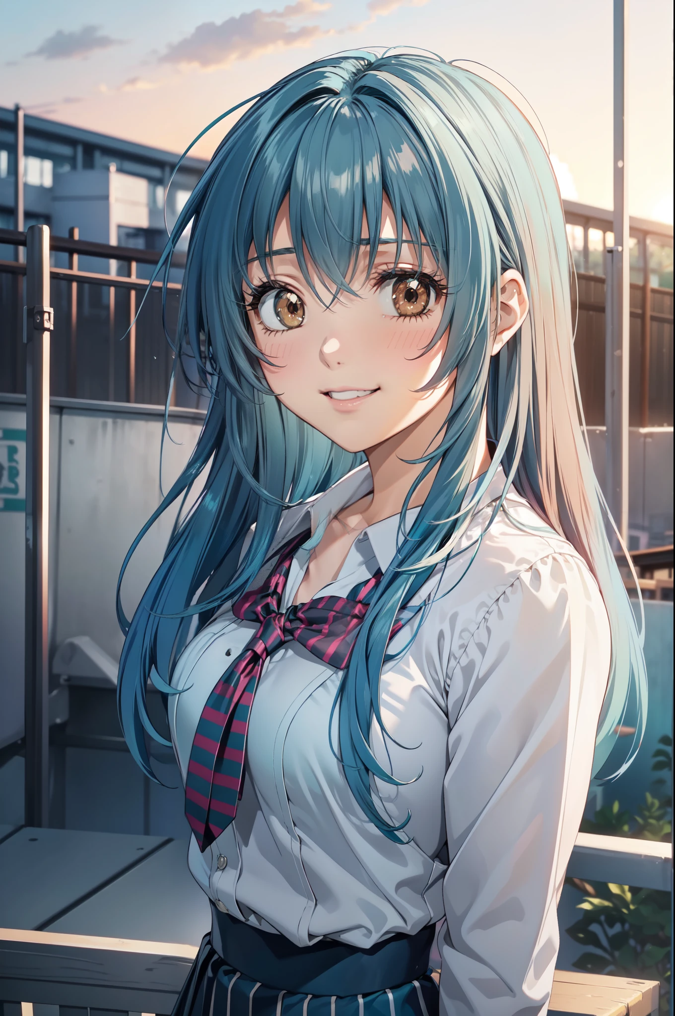 kanamechidori, (masterpiece, Highest quality, beautifully、beautiful:1.3), (teenager), One girl,alone, (Cute Smile:1.2), (Silvery darkturquoise hair with steelblue stripes:1.4), (Gradient darkturquoise hair tip:1.6), hair, Ridiculously long hair, ウェーブのかかったhair, 輝くhair, 浮遊するhair, (Deep Brown eyes), Delicate eyes, Brown eyes, Very beautiful eyes, Long upper eyelashes, Compensate, Focus on the face, Very detailed facial, Pretty face, Perfect breasts, Hot body, (Delicate skin texture:1.2), (school uniform:1.3, red ribbon tie), (Receiving a confession on the school rooftop with the sunset and fence behind me。I got closest to that smile:1.1), Very detailed, gravure, nsfw, (cinematic angle:1.1),