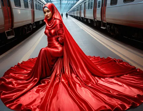 a woman shrouded in a 10-meter-long, plush red semi transparent satin shimmer cloth, tightly bound and grandly draping along the...