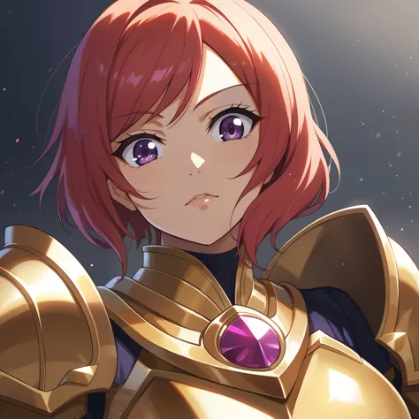 nishikino maki, purple eyes, red short hair (shinny golden armor:1.2) golden armor, llchar, upper body, solo, face close up, big...