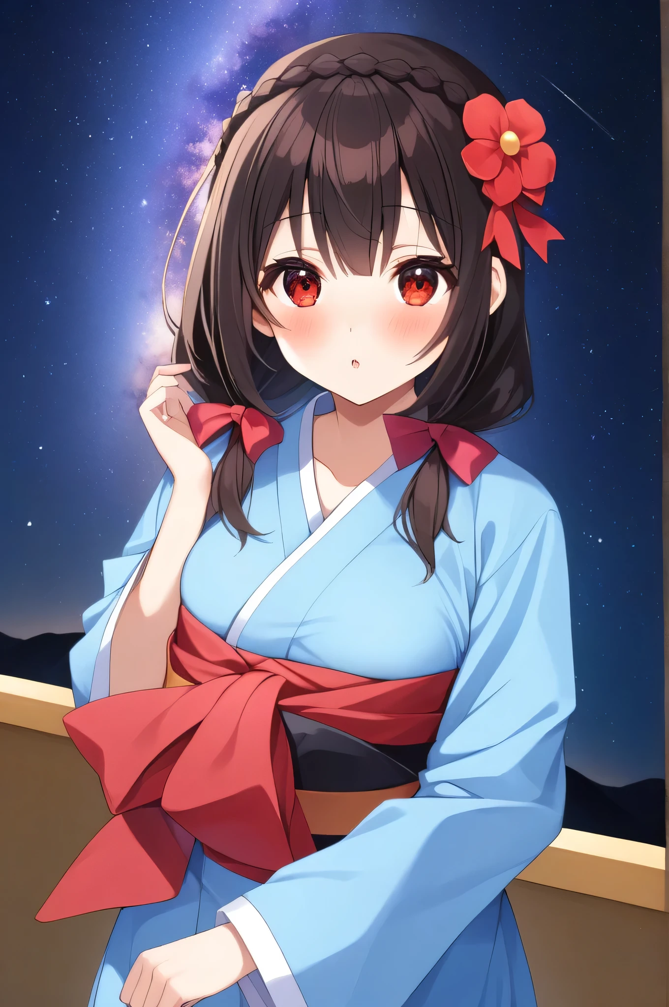 alone, One Girl、A crown braid the color of her hair, Hair accessories, Hair Ribbon,(Pale blue kimono with red floral pattern and red obi.)、Black Hair、(blush:1.5)、My breasts are a little large、(Kiss the viewer:1.8)、(The background is the Milky Way and the starry sky)、♥、heart、View from the front、Kiss with your eyes closed