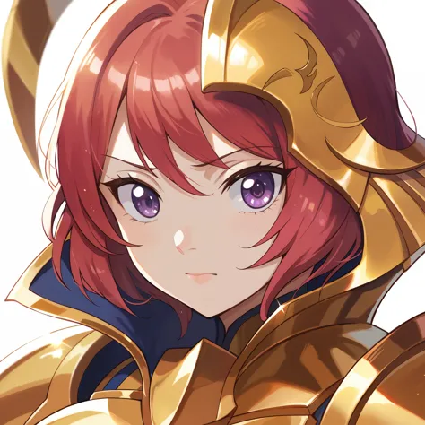 nishikino maki, purple eyes, red short hair (shinny golden armor:1.2) golden armor, llchar, upper body, solo, face close up, big...