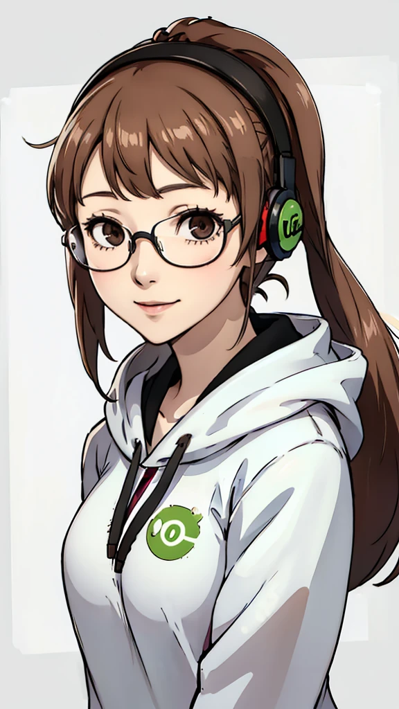 1girl, Futaba sakura, ponytails, glasses, headphones, hoodie, face portrait , front face, white background, Smile, face