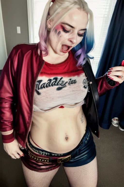 RAW photo, a portrait photo of 25 y.o woman,  harleyquinn, crazy smile, red leather jacket, fishnet, shorts, night, city street, (high detailed skin:1.2), 8k uhd, dslr, soft lighting, high quality, film grain, Fujifilm XT3,Crying on pain in the stomach,black blood from mouth.rumbling in the stomach,monster in the stomach,rumbling stomach,BURPING VORE BIG BELLY,sexy ass,big belly, burping Curling belly,vore belly rumbling belly stomach,abdominal deformity.Curling belly,vore belly rumbling belly stomach, rumbling in the stomach,monster in the stomach18+,lies on the floor in pain and screams,lies on the floor in pain and screams,lies on the floor in pain and screams,   