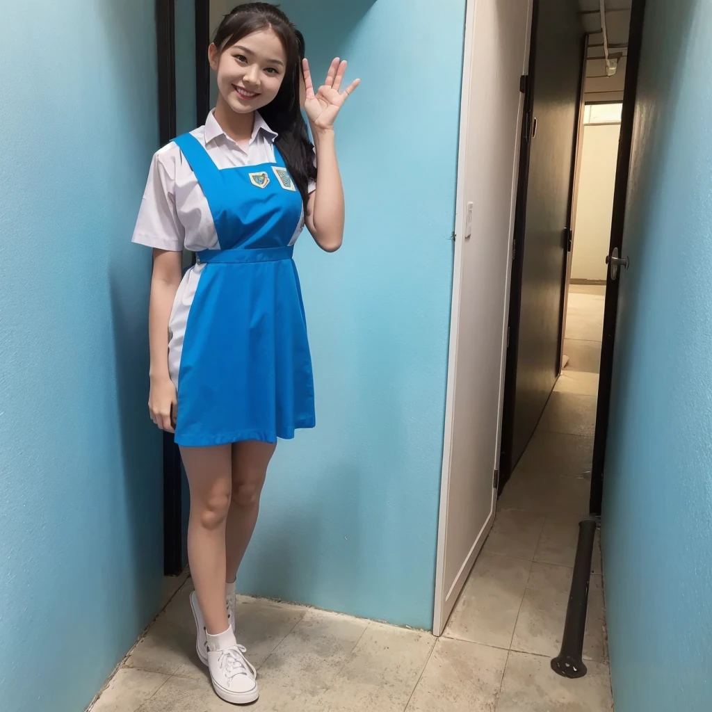 1girl with cute face smiling and black hair, medium breasts, model posing, standing, wearing white shirt, knee-length pinafore , (light blue uniform:1.2), black school shoes, white background, morning, full body, (masterpiece, top quality, best quality, official art, beautiful and aesthetic:1.2), ponytail style