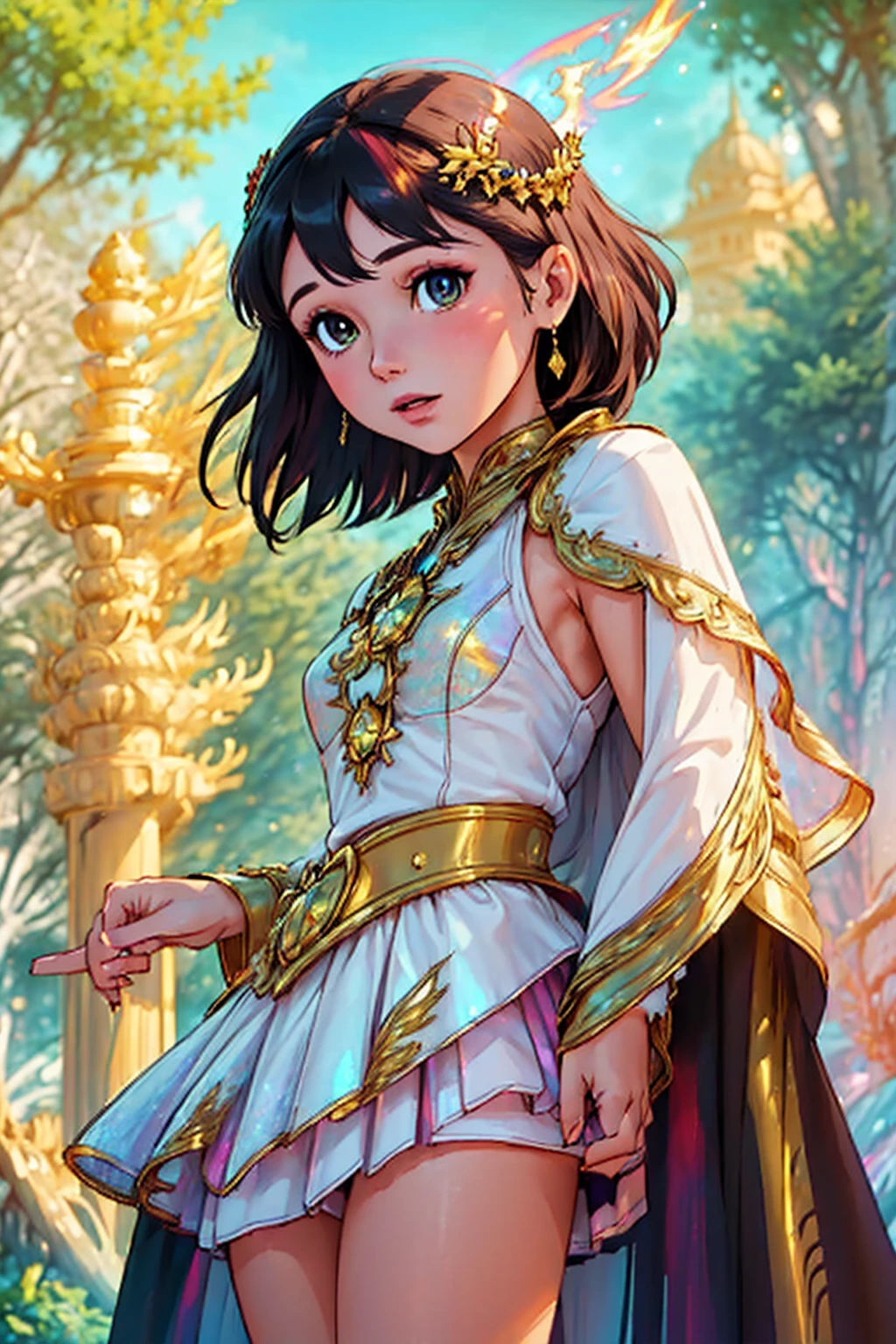 (masterpiece, top quality, best quality, official art, beautiful and aesthetic:1.2), (1girl), extreme detailed eyes, (fractal art:1.3), colorful, highest detailed, (perfect face), shiny skin, HDR, (white cloak golden lines:1.2), galaxy, (light streaks), striking visuals, (dynamic streaks, luminous trails:1.2), vibrant colors, (phoenix), (dragon)