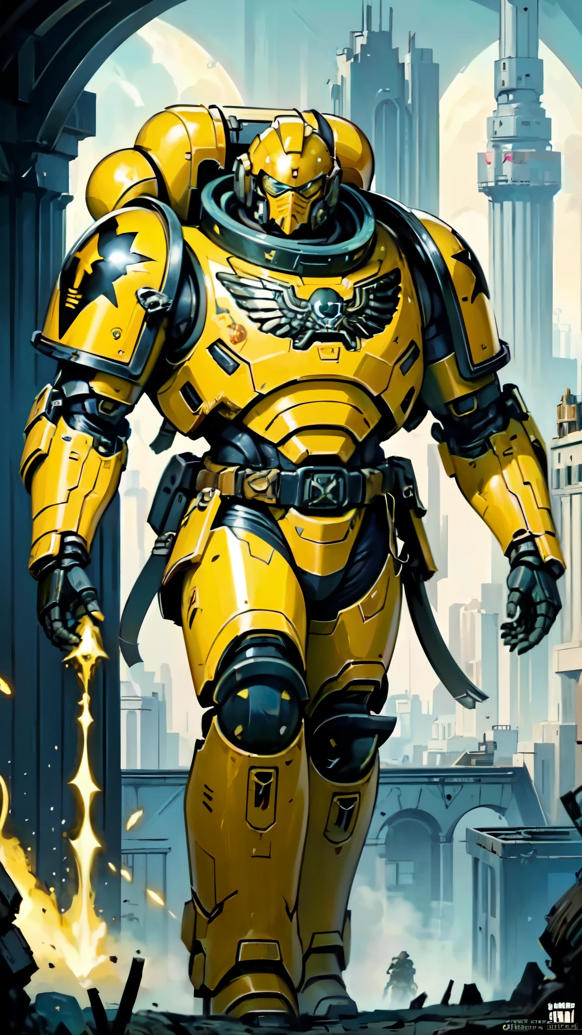 (masterpiece:1.5, best quality:1.5, extremely delicate:1.5), ((male:1.5)), a man wearing a full-face helmet, a biotech armored combat suit, green eyes, (a composite layered chest armor), fully enclosed shoulder guards, matching arm and leg guards, a belt of gemstone, (the color scheme is primarily Yellow with Red and Black accents), the design balances heavy with agility, a high-tech bio-mecha armor, (Armor Concept Inspired by Space Marines, stand of a futuristic sci-fi city), this character embodies a finely crafted fantasy-style armored hero in anime style, exquisite and mature manga art style, (element, plasma, energy, the armor glows), metallic, high definition, highres, ultra-detailed, ultra-fine painting, professional, perfect body proportions, golden ratio, anatomically correct, symmetrical face, extremely detailed eyes and face, high quality eyes, creativity, RAW photo, UHD, 32k, Natural light, cinematic lighting, masterpiece-anatomy-perfect