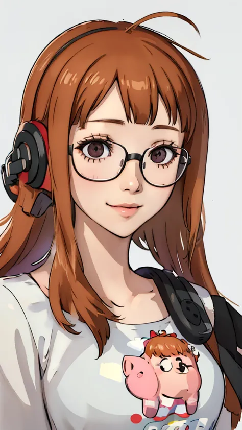 1girl, futaba sakura, piggytails, glasses, headphones, face portrait , front face, white background, smile, face