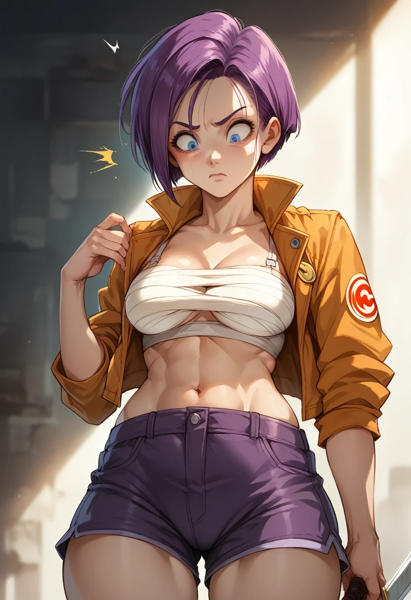 (masterpiece, best quality:1.2), 1girl, solo, female focus, trunks (dragon ball), Bandage bra, shorts shorts, purple hair, blue eyes, surprise expression, looking down, breast, short haircut, big ass, perfect body, closed mouth, jacket, sword, photorealistic, hyperrealistic, high quality, 8k, sharp focus, vivid colors, dramatic lighting, 