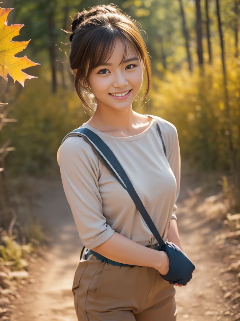 Cowboy Shot, View your viewers, (Early autumn hiking date), (8k, RAW Photos, Highest quality, masterpiece:1.2), (Realistic, Photorealistic:1.4), ((Autumn mountaineering clothing)), Teenage Japanese Woman, (One Woman:1.2), She is very beautiful, Glowing Skin, Cute and symmetrical face, Perfect Face, Glowing Skin, Light Brown Hair, Medium Hair, Wavy Hair, Put your hair in a bun, Makeup, Beautiful Hair, Beautiful Face, Beautiful attention to detail, Beautiful body, Beautiful fingers, (Hiking trails), Standing, Arms crossed, (Cute Smile), Very detailed, Shallow depth of field, Perfect Anatomy, Perfect legs, Perfect hands, Perfect Eyes, Perfect body, smile, double eyelids, (Natural Side Lighting, Cinema Lighting),