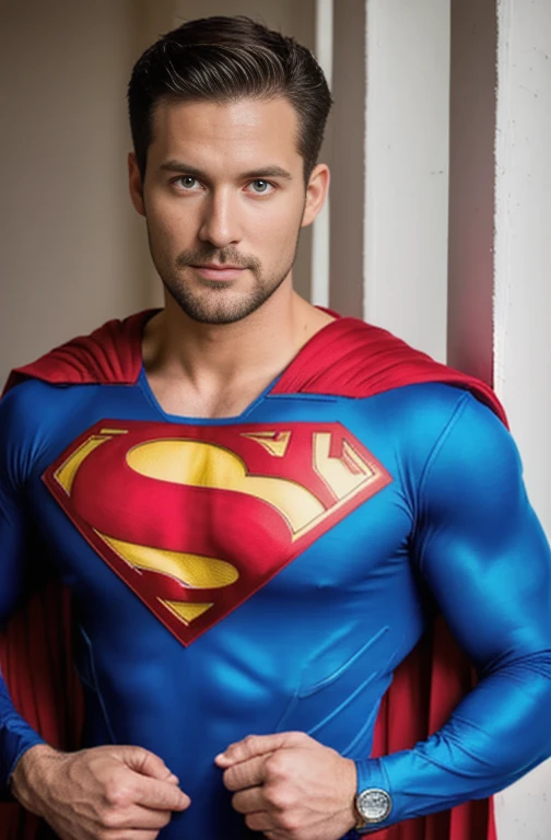 1man muscular male wear a superman suit, red long cape, 30 years old，small beard, Sexy and charming expression，gloomy eyes，Blue eyes, soft natural lighting, professional, formal atmosphere, front view, sharp focus, well-balanced exposure. front portrait