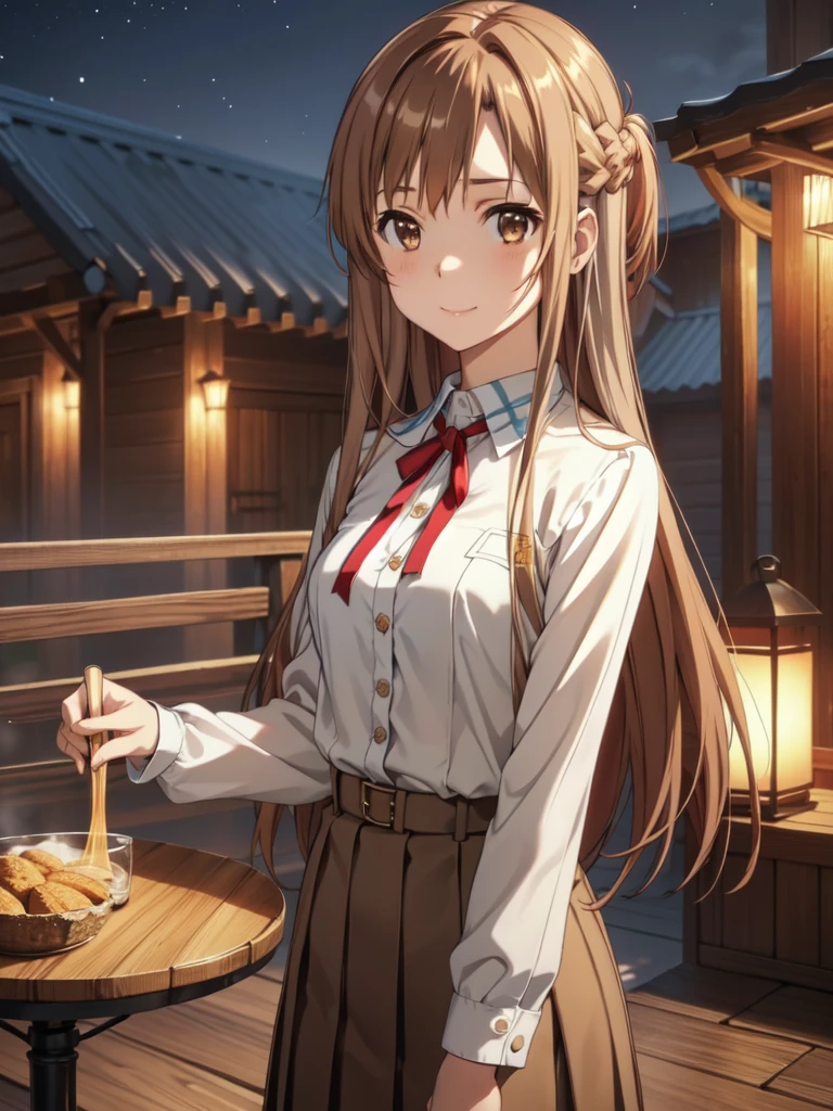 Eft_Star_Asuna, (masterpiece, Highest quality, beautifully、beautiful:1.3), (teenager), One Girl,alone, (Cute Smile:1.1), (Silvery brown hair with reddish brown streaks:1.4), (Gradient brown hair tip:1.6), hair, Ridiculously long hair, One side lock, ウェーブのかかったhair, 輝くhair, 浮かぶhair, (Deep Brown eyes), Delicate eyes, Brown eyes, Very beautiful eyes, Long upper eyelashes, Compensate, Focus on the face, Very detailed facial, Pretty face, Perfect breasts, Hot body, (Delicate skin texture:1.2), school uniform, red ribbon, neck ribbon, braid, shirt, pleated skirt, black skirt, Standing in front of a log house, cinematic lighting, Very detailed,