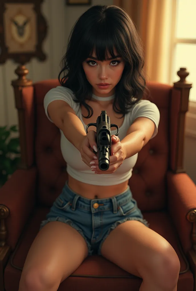 low-angle, photorealistic, beautiful young French woman, 1, hourglass body, gorgeous face, winged_eyeliner, bangs, sitting with thighs crossed on rolling_chair, aiming a revolver at camera, leaning back, wearing tight t-shirt and jean shorts, indoors, soft lighting, cozy room, realistic, intricate details, warm colors